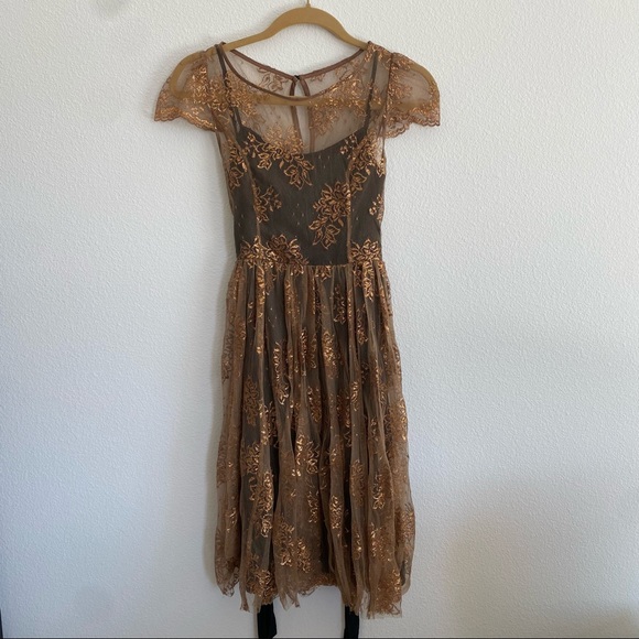 Anthropologie Moulinette Soeurs Honeyed Lace Dress Bronze  - Women's 2 - Picture 4 of 14